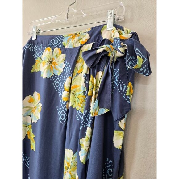 SO Juniors Plus XXL Floral Faux Wrap Midi Skirt Navy Blue Yellow Hibiscus Rayon - Picture 4 of 9
